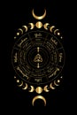 gold wheel of the Year is an annual cycle of seasonal festivals. Wiccan calendar and holidays. Compass Triquetra symbol