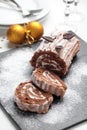 Yule log cake on a Christmas table Royalty Free Stock Photo