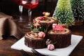 Yule log chocolate cake with frosting for Christmas Royalty Free Stock Photo