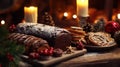 Yule offerings with traditional Yule log, burning candles, decorations on the table, selected focus, low key Royalty Free Stock Photo