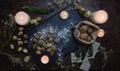 Yule winter solstice Christmas kitchen witchery. Preparation of festive food on dark wooden table. Royalty Free Stock Photo