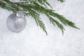 A yulestic ball on the Christmas tree lies on a branch on a snow . On a branch of a fir tree lies a glass gray ball Royalty Free Stock Photo