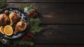 Yuletide Splendor: Rustic Winter Feast with Seasonal Decor on Dark Wood.