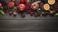 Yuletide Splendor: Rustic Winter Feast with Seasonal Decor on Dark Wood.