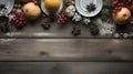 Yuletide Splendor: Rustic Winter Feast with Seasonal Decor on Dark Wood.