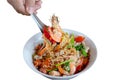 Yum Instant Noodles Shrimp Fresh Thai style food of instant noodles salad with pork, herbs and celery on celery. Red tomatoes, Royalty Free Stock Photo