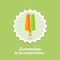 Ice cream icon. Double ice cream, orange and green frozen juice.