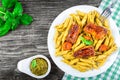 Yummi pasta penne with grilled ribs, view from above Royalty Free Stock Photo