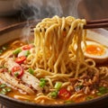 Steaming bowl of chicken ramen with noodles being lifted by chopsticks, garnished with egg, green onions, and chili slices. Royalty Free Stock Photo