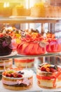 yummy assortment baked pastry in bakery. Various Different Types Of Sweet Cakes In Pastry Shop Glass Display. Good Royalty Free Stock Photo