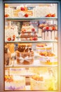 yummy assortment baked pastry in bakery. Various Different Types Of Sweet Cakes In Pastry Shop Glass Display. Good