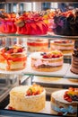 yummy assortment baked pastry in bakery. Various Different Types Of Sweet Cakes In Pastry Shop Glass Display. Good