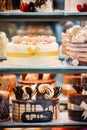 yummy assortment baked pastry in bakery. Various Different Types Of Sweet Cakes In Pastry Shop Glass Display. Good Royalty Free Stock Photo