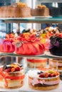 yummy assortment baked pastry in bakery. Various Different Types Of Sweet Cakes In Pastry Shop Glass Display. Good