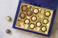 Yummy Assortment chocolate candies. Chocolate with vanilla, chocolate and pistachio cream.