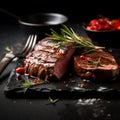 yummy beef grill steak on a table in a dark background 1