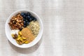 Yummy bowl of yogurt with blueberries pecans pistachios flaxseed and hemp hearts