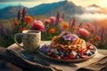 Yummy breakfast in the morning mountains. Generative AI