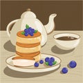 Yummy breakfast with pancakes Vector flat illustration pancakes with tea and blueberries. Sweet cheesecakes