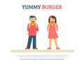 Yummy burger concept flat vector illustration of funny boy and girl eating burgers