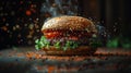 Yummy Burger with Dynamic Particles on Background. Fast Food Advertising Concept Royalty Free Stock Photo