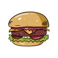 Yummy Burger. Hand drawn colorful vector illustration. Flat in cartoon style. Isolated on white background. Royalty Free Stock Photo