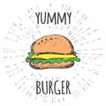 Yummy burger vintage label in hipster style with sunburst. Royalty Free Stock Photo