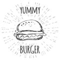 Yummy burger vintage label in hipster style with sunburst.