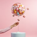 Yummy candies and cookies is a big glass holder. Light blue stand and isolated pink background.