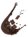 Yummy chocolate splash with falling pieces on background