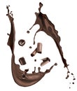 Yummy chocolate splashes with falling curls on background Royalty Free Stock Photo
