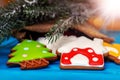 Yummy Christmas cookies near a fir tree branch