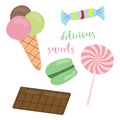 Delicious sweets colored set text vector illustration Royalty Free Stock Photo