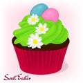 Yummy cupcake for Easter with chamomiles flowers and eggs. Holiday background, poster or placard template in cartoon