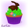 Yummy cupcake for Easter with flowers and chocolate rabbit. Holiday background, poster or placard template in cartoon