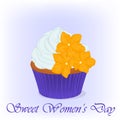 Yummy cupcake for International Women`s day with sugarpaste flowers. Holiday background, poster or placard template in Royalty Free Stock Photo