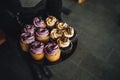 Yummy cupcakes with blueberry and chocolate mousse, with berries and chocolate pieces on the top