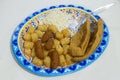 A yummy delicious Fish Fry Food with hushpuppies, tater tots, and coleslaw Royalty Free Stock Photo