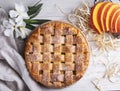 Yummy delicious homemade pie tart with pumpkin filling, close up, round