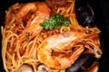 Yummy Spaghetti with seafood and prawn Royalty Free Stock Photo