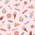 Yummy doodle seamless pattern with ice cream, pizza, donut, lollipop, cola and cupcake on grid background