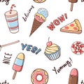 Yummy doodle seamless pattern with ice cream, pizza, donut, lollipop, cola and cupcake Royalty Free Stock Photo