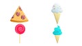 Yummy doodle set of ice cream pizza donut lollipop cola and cupcake