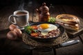 English Breakfast Plate And Coffee Cup On Wooden Background - Generative AI Royalty Free Stock Photo