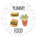 Yummy fast food vintage label in hipster style with sunburst. Royalty Free Stock Photo