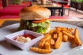 Yummy fresh burger and french fries on white plate served for lunch. Rich kids food menu closeup photo Royalty Free Stock Photo