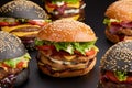 Yummy grilled beef burgers on a wooden background, side view