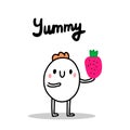 Yummy hand drawn illustration with cute cartoon man holding strawberry. Vector for print, poster, card, banner, brochure.