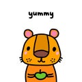 Yummy hand drawn vector illustration in cartoon comic style tiger holding apple