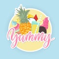 Yummy hand lettering label with tropical fruits